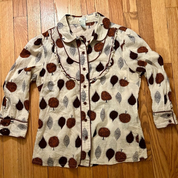 Odille Tops - Odille Anthropologie Size 6 Tree Brown Leaf Unique Boho Button Blouse 3/4 Sleeve